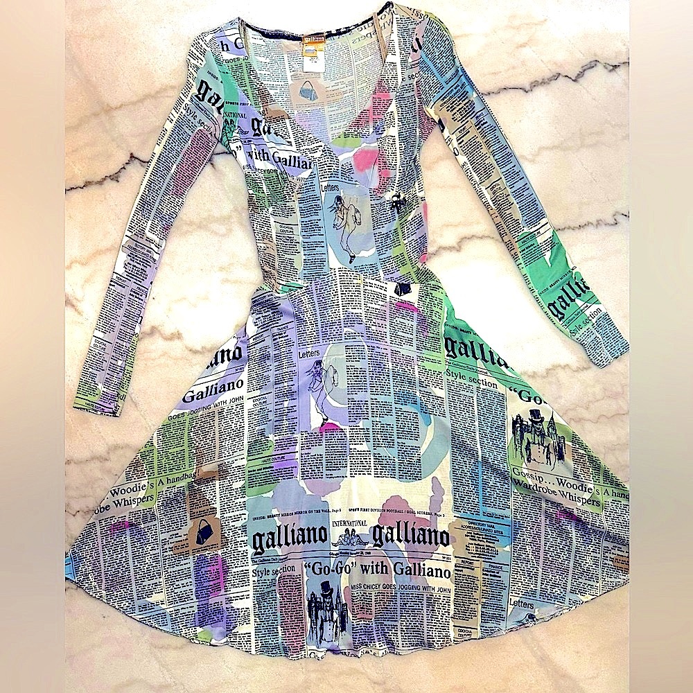 Galliano Vintage Pastel Newspaper Print Long Sleeve Dress